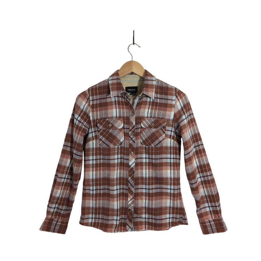 Marmot Flannel Shirt Womens XS Brown Plaid‎ Button Up Gorpcore Outdoor Cabin